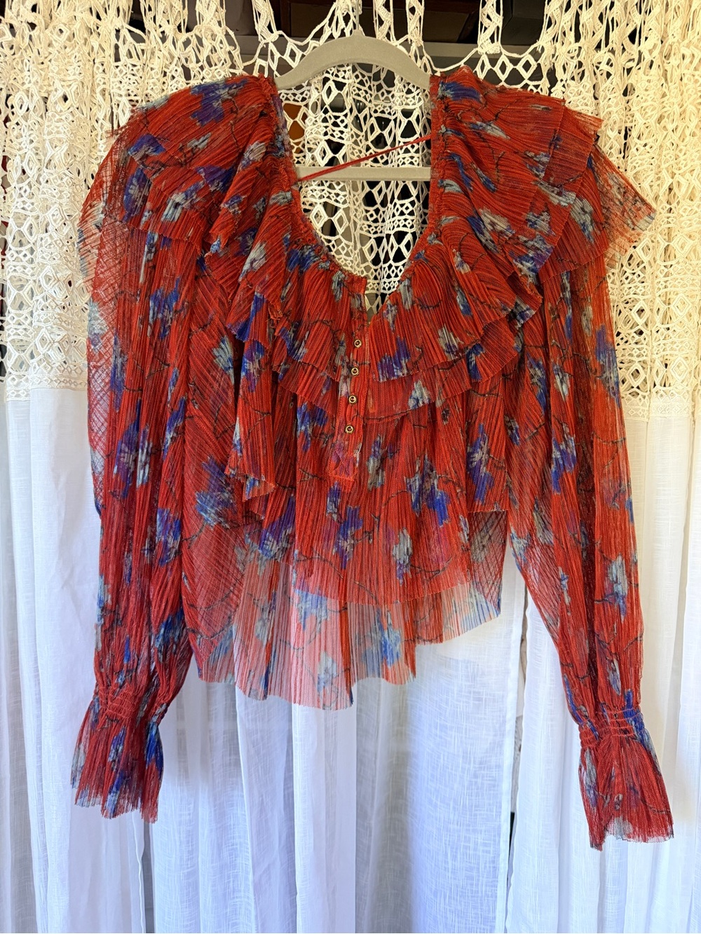 Free People: Frills & Thrills Blouse: Medium: Red, Blue Flowers